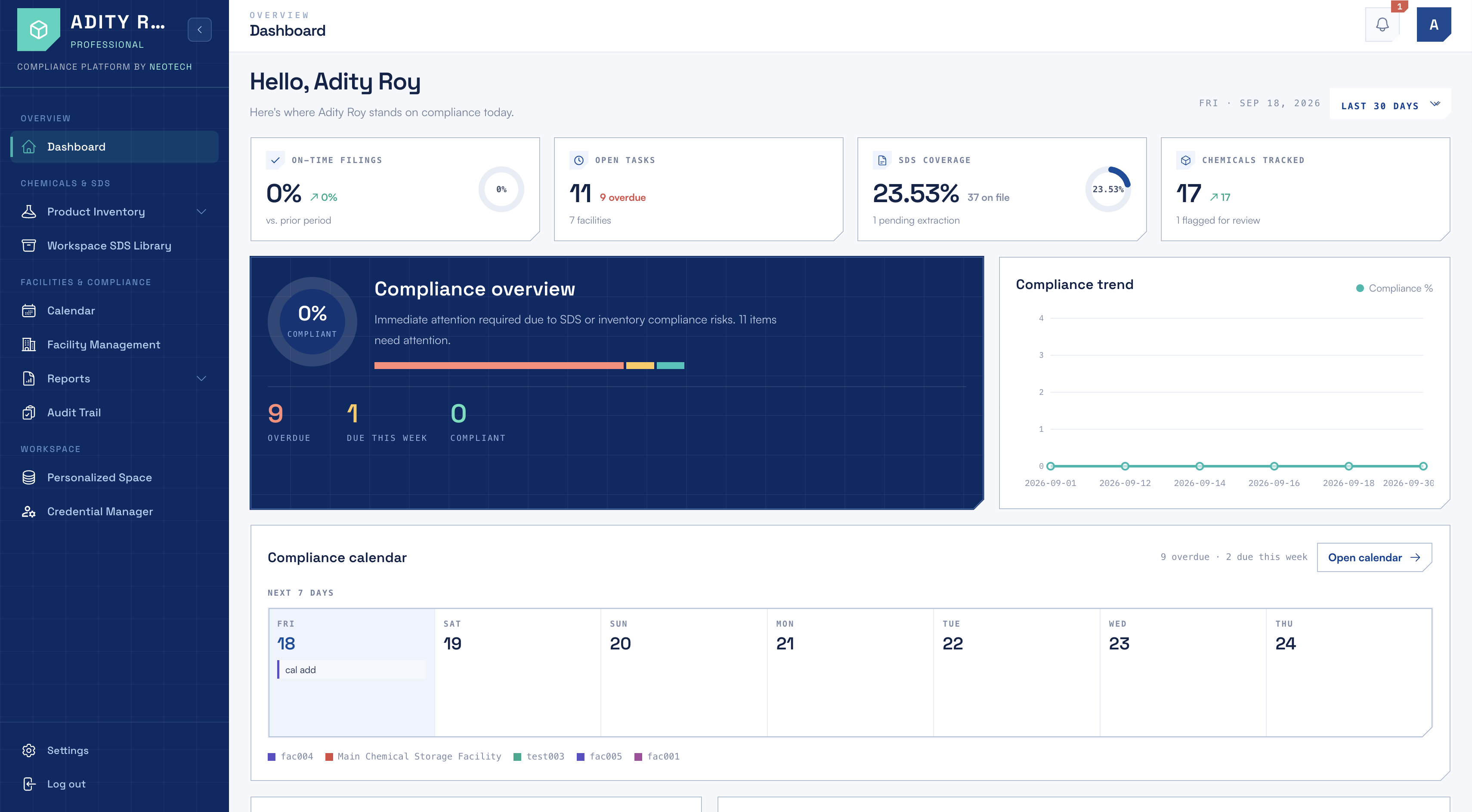 NeoTech Elements Compliance Calendar dashboard